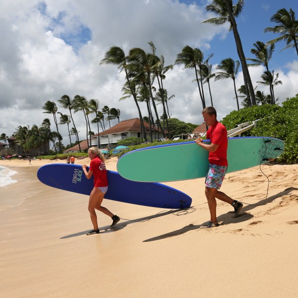 couple holding surfboards while ankle attachments walking to the ocean preparing to surf