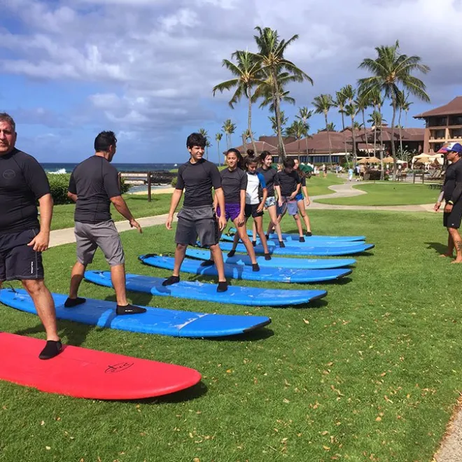 group surf lesson learning which foot should be in front